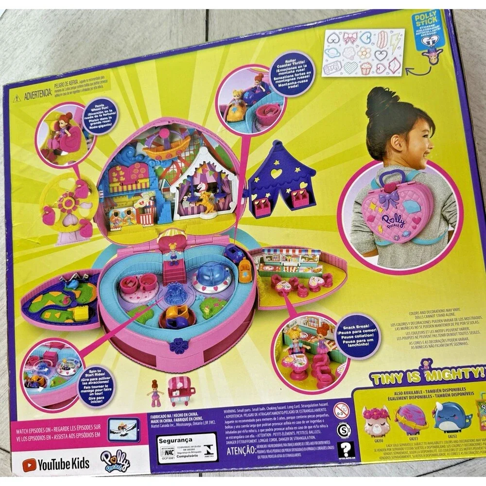 Polly Pocket 2-in-1 Theme Park Backpack Compact 2 Dolls Ice Cream Cart Toy New
